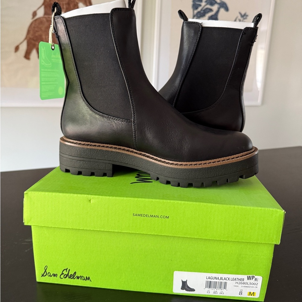 Sam Edelman Laguna Chelsea Waterproof Black Leather Ankle Boots with Chunky Sole